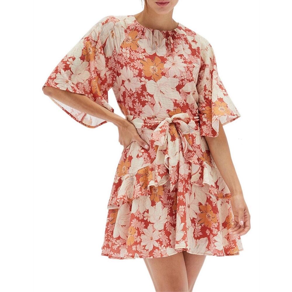 MINKPINK Coral Floral Tie-Waist Mini Dress